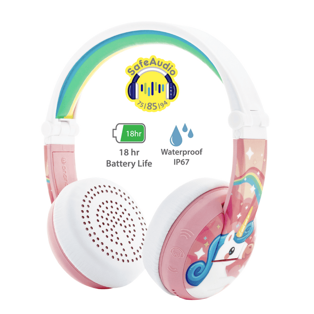 Pink unicorn BuddyPhones Wave waterproof wireless kids headphones for girls
