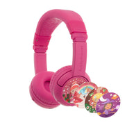 Pink princess BuddyPhones Play+ volume limiting wireless kids headphones with mic
