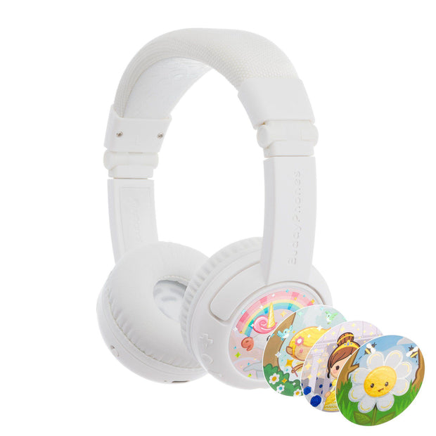 White unicorn BuddyPhones Play+ volume limiting wireless girls headphones with mic