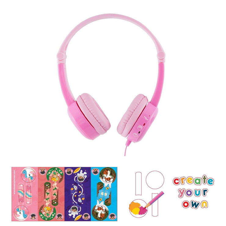 Pink rainbow and unicorn kids headphones for girls with 3 safe volume limiting mode for travelling