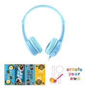 Light blue foldable children's headphones with 3 volume limit modes for travelling