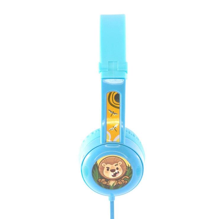 Light blue lion child headphones with 3 safe volume limit modes