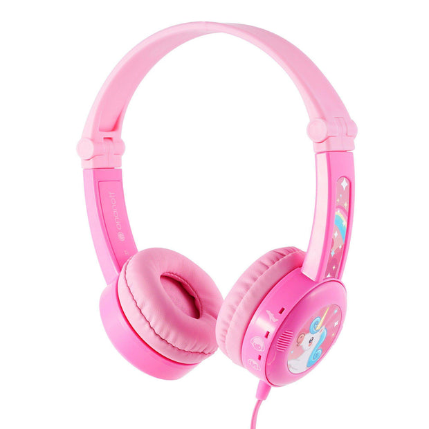 Pink rainbow and unicorn kids headphones for girls with 3 volume limiting settings